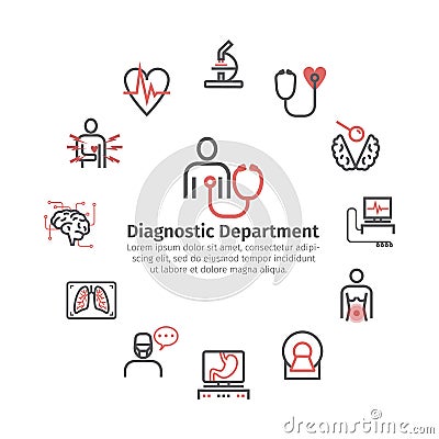 Medical diagnostic round banner. Line icons.. Health center. Vector sign for web graphics. Vector Illustration