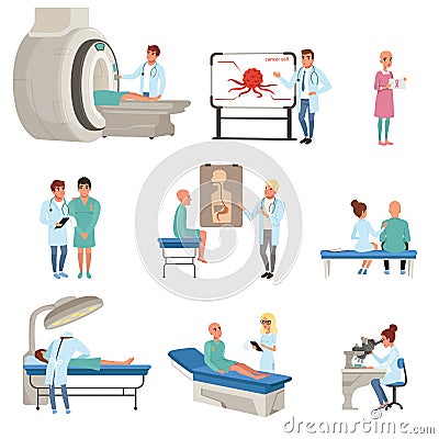 Medical diagnostic and treatment of cancer set, doctors, patients and equipment for oncology medicine vector Vector Illustration