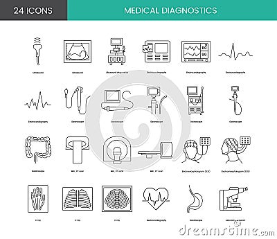 Medical diagnostics set of line icons in vector, illustration of endoscopy equipment, computed tomography and Vector Illustration