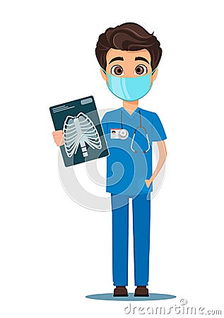 Medical doctor in mask and uniform holding X-ray photograph. Vector Illustration