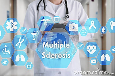 Medical Doctor and Multiple sclerosis , neurological disorder words in Medical network connection on the virtual screen on hospit Stock Photo