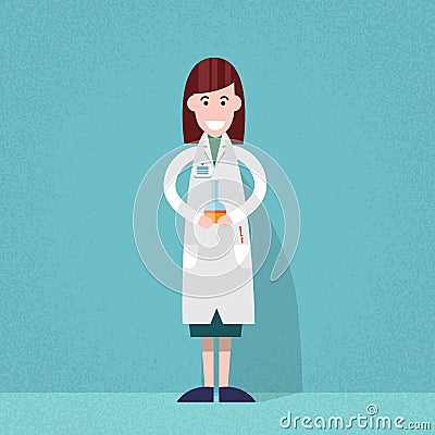 Medical Doctor Scientist Woman Hold Flask Bottle With Chemicals Vector Illustration