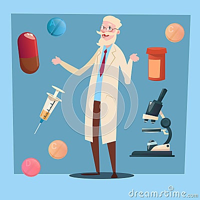 Medical Doctor Senior Man Practitioner Pharmacist Vector Illustration