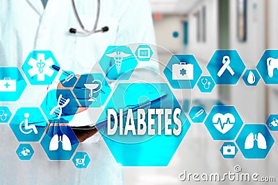 Medical Doctor with stethoscope and Diabetes icon in Medical network connection on the virtual screen on hospital background. Stock Photo