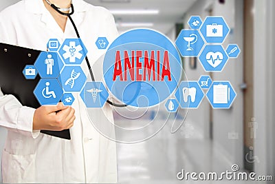 Medical Doctor with stethoscope and word ANEMIA, aplastic anemia Stock Photo