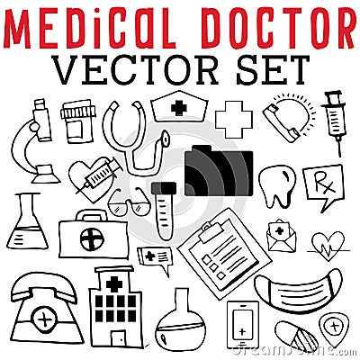 Medical Doctor Vector Set with hats, shots, prescriptions, beakers, vials, medical kits, hospitals, phones, and stethoscopes.. Stock Photo