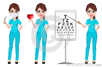 Medical doctor woman, set of three poses. Cardiologist, ophthalmologist and dentist. Vector Illustration