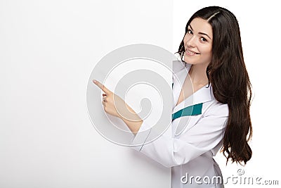 Medical doctor woman smile hold blank card board Stock Photo