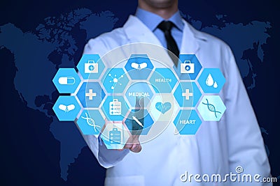 Medical doctor working with healthcare icons. Modern medical technologies concept Stock Photo