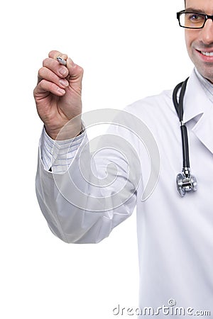Medical doctor write with a pen on imaginary space. Stock Photo