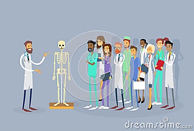 Medical Doctors Group People Intern Lecture Human Body Skeleton Study Vector Illustration