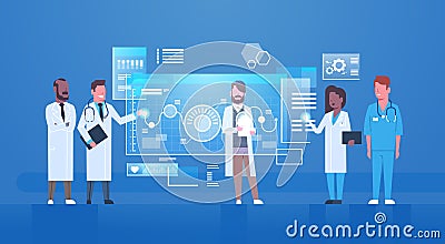 Medical Doctors Press Buttons On Digital Screen Modern Innovative Medicine Technology Concept Virtual Treatment Vector Illustration