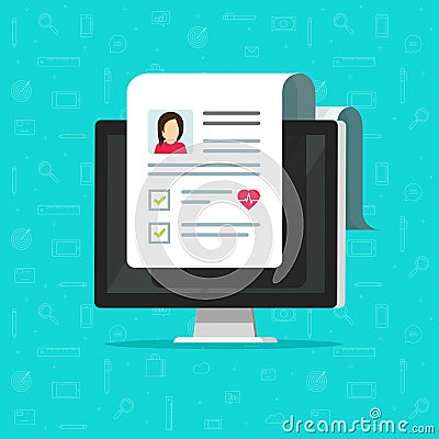 Medical document on computer screen vector icon, pc with online healthy electronic checklist results from, concept of on Vector Illustration