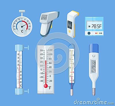 Medical domestic meteorology thermometer. Mercury and electronic thermometer for temperature measurement. Temperature scale for Vector Illustration