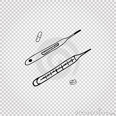 Medical doodle objects. Simple hand-drawn thermometers. Vector illustration. Vector Illustration