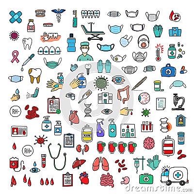 Medical doodle set icons, vector illustration Cartoon Illustration