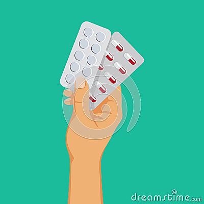 Medical drugs addiction, hand holding blisters with pills, antidepressant dependence, vector illustration. Vector Illustration