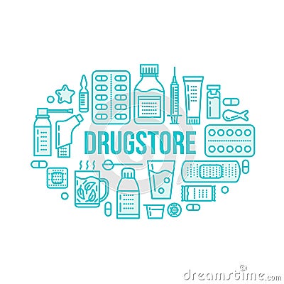 Medical, drugstore banner illustration. Pharmacy vector line icons tablet, capsules, pills, antibiotics, vitamins and Vector Illustration