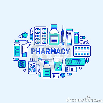 Medical, drugstore banner illustration. Pharmacy vector line icons tablet, capsules, pills, antibiotics, vitamins and Vector Illustration