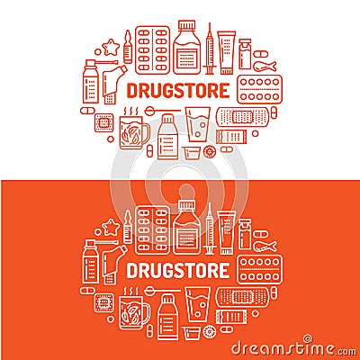 Medical, drugstore banner illustration. Pharmacy vector line icons tablet, capsules, pills, antibiotics vitamins and Vector Illustration