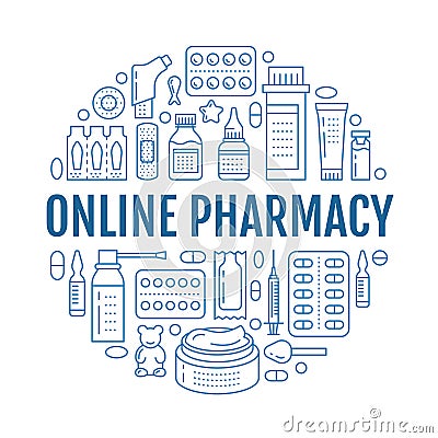 Medical, drugstore poster template. Vector medicament line icons, illustration of dosage forms - tablet, capsules, pills Vector Illustration