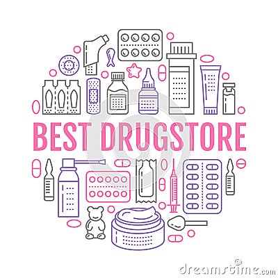 Medical, drugstore poster template. Vector medicament line icons, illustration of dosage forms - tablet, capsules, pills Vector Illustration