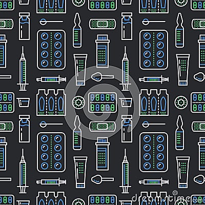 Medical, drugstore seamless pattern, medicament vector dark background. Dosage forms thin line icons - tablet, capsules Vector Illustration