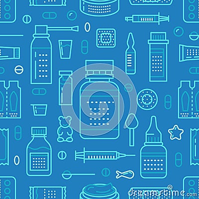 Medical, drugstore seamless pattern, pharmacy vector colored background of blue color. Medicines antibiotics, vitamins Vector Illustration