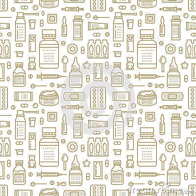 Medical, drugstore seamless pattern, pharmacy vector colored background of pastel beige color. Medicines antibiotics Vector Illustration