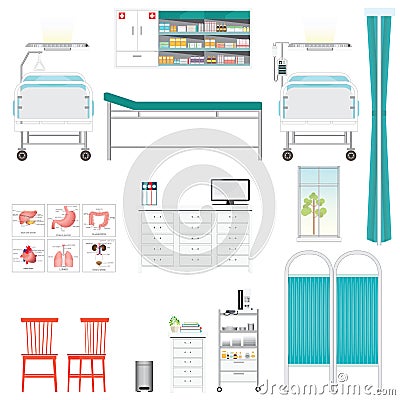 Medical equipment and furniture in hospital. Vector Illustration