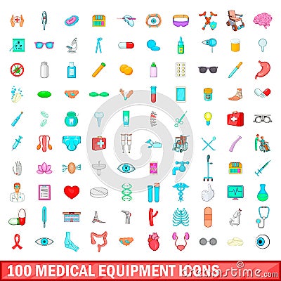 100 medical equipment icons set, cartoon style Vector Illustration