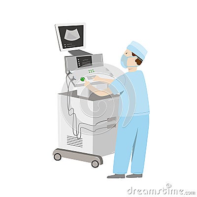 Medical equipment maintenance. An engineer repair ultrasound machine. Vector illustration isolated on white Vector Illustration