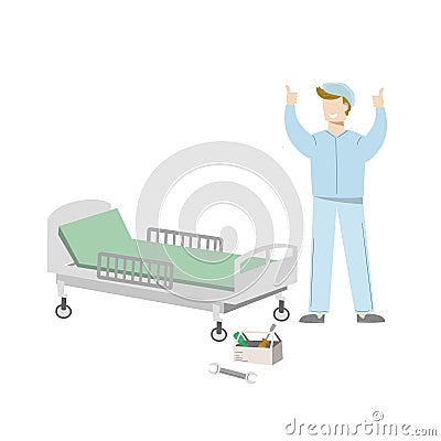 Medical equipment maintenance. Happy technician repairs hospital bed. Vector illustration isolated on white Vector Illustration
