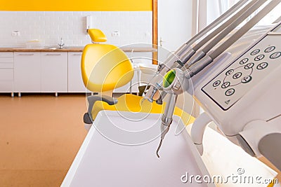 Medical equipment and stomatology concept, yellow dentistry Stock Photo