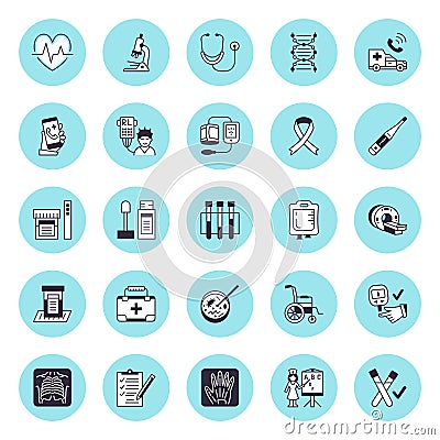 Medical equipment vector flat line icons. Health diagnostic - stethoscope, thermometer, microscope, diabetes test, mri Vector Illustration