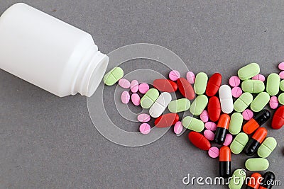 Medical equipments including drug medicines background, top view flat lay Stock Photo