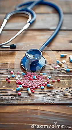 Medical essentials Stethoscope, pills, medicine, treatment on wooden background Stock Photo