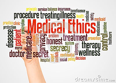 Medical Ethics word cloud and hand with marker concept Stock Photo