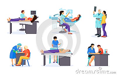 Medical examination at surgeon, doctor cardiologist, therapist, dentist. Vector Illustration