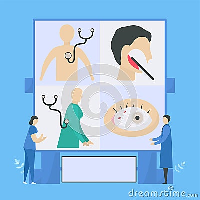 Medical examinations of doctor. They check up heart rate, mouth, throat, lung, eye. Workflow of patient care. Vector illustration Vector Illustration