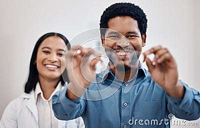 Medical, eye care and portrait of black man and glasses for you for decision, retail or optometry healthcare. Choice Stock Photo
