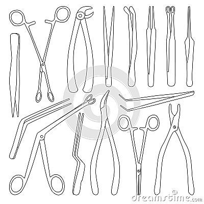 Medical forceps isolated outline set icon. Vector illustration surgical tool on white background. Vector outline set Vector Illustration