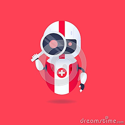 Medical friendly android robot looking through the magnifying glass. Search conceptual. Vector Illustration