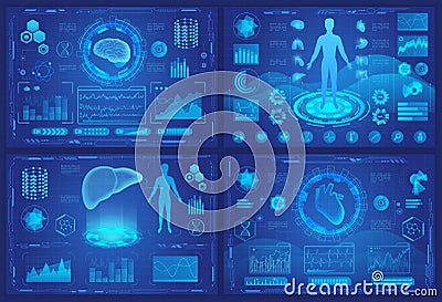 Medical futuristic vr hologram vector illustrations for medicine of future ui screen with digital human organs dashboard Vector Illustration