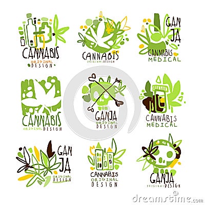 Medical Ganja Colorful Graphic Design Template Logo Series,Hand Drawn Vector Stencils Vector Illustration