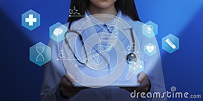 Medical genetics. Female doctor holding tablet computer with DNA helix and other medical icons above screen, collage Stock Photo