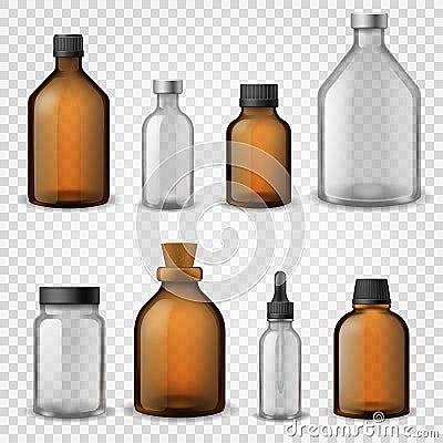 Medical glass bottles. 3d realistic brown blank packaging, pharmacy syrup bottle, aromatherapy oil cosmetic container Vector Illustration