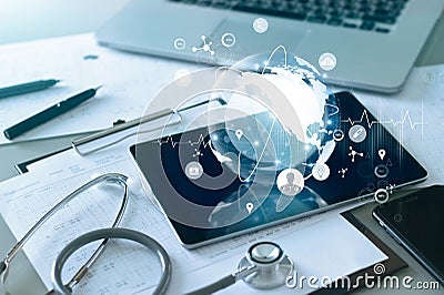 Medical global networking and healthcare global network connection on tablet, Medical technology Stock Photo