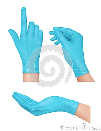 Medical gloves. Blue rubber gloves for doctor hands hospital latex surgeon tools for infection and viruses protection Vector Illustration