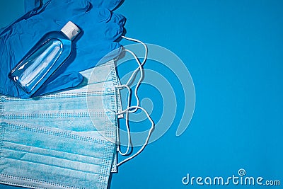 Medical gloves mask and alcohal gel Stock Photo